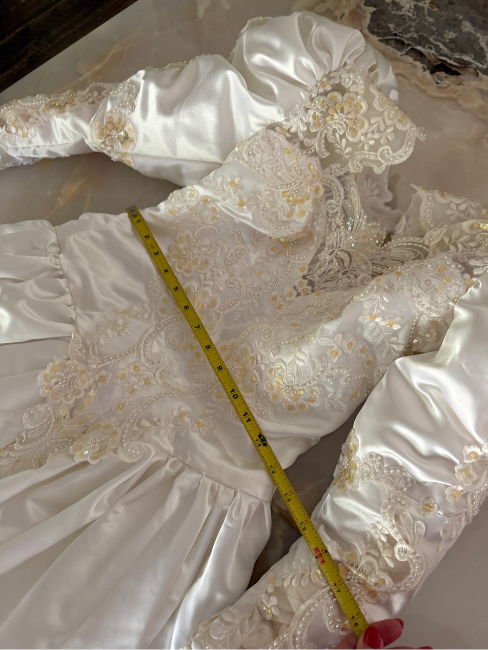 Vintage Satin Bridal Gown with Gold Lace Appliqué - Picture 4 of 9